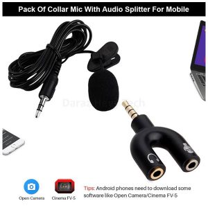 For Smartphones/ Laptops/DSLR – Clip-on Lapel Lavalier Collar Mic / Microphone + 3.5mm U Shape TRRS Audio Splitter/Divider For Youtube+5 Meter – 3.5mm Male-to-Female AUX Audio Extension Cable